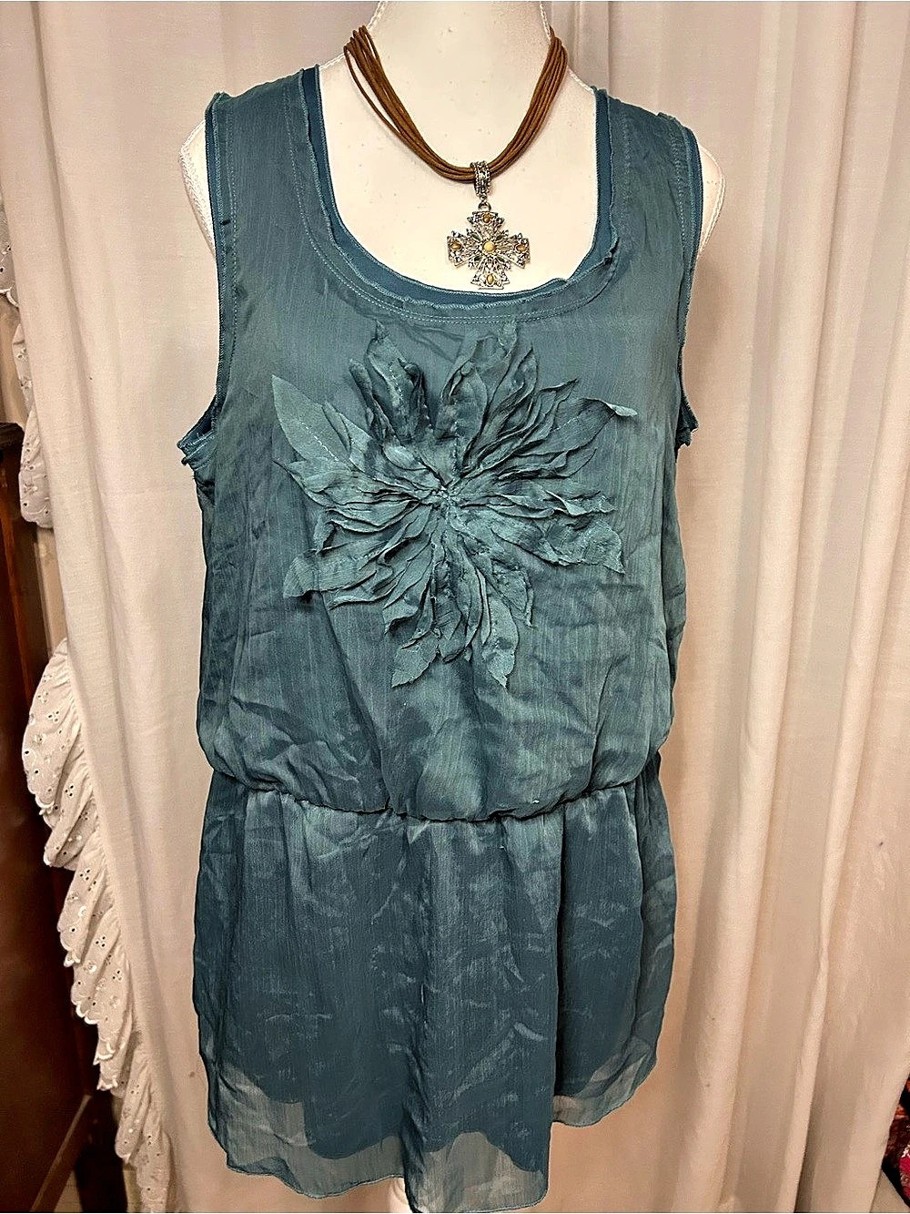 Bisou Bisou Women's XL Teal Chiffon Tunic Top Dress 3D Flower Elastic Waist